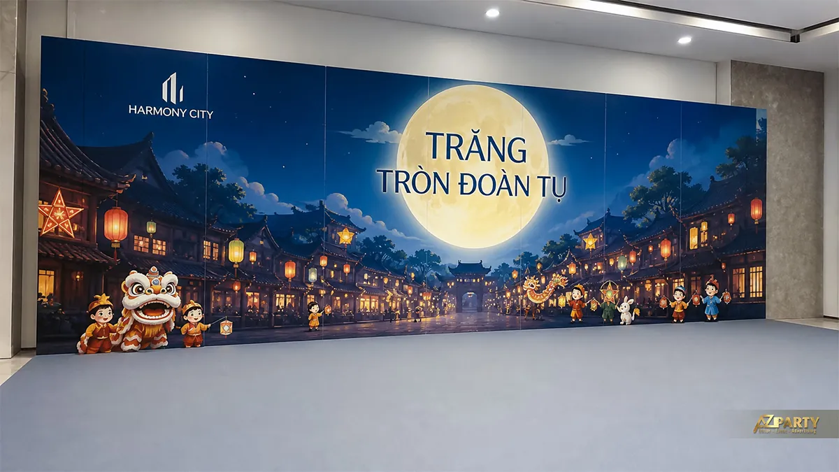 Backdrop Trung Thu phố cổ ban đêm với đèn lồng, đoàn rước và trăng tròn