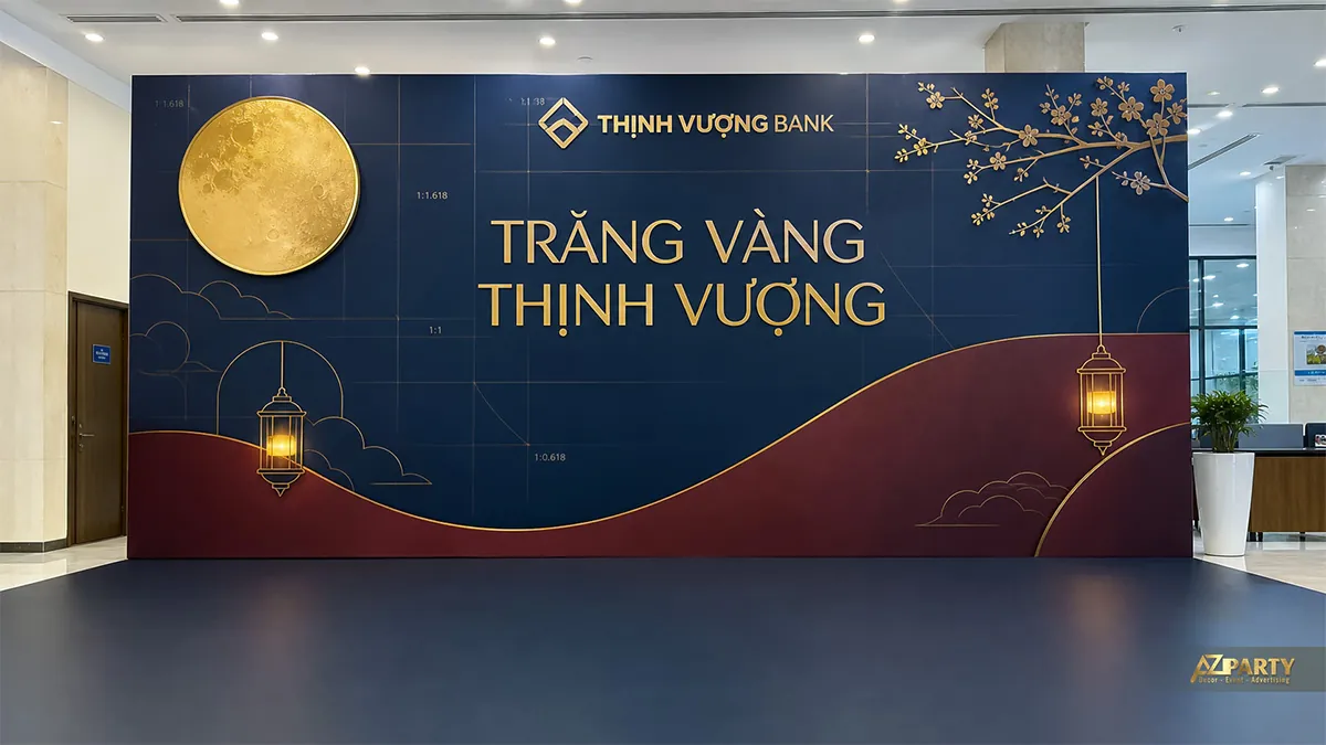 Backdrop Trung Thu màu xanh navy đỏ đô với đồng tiền, hoa sen và trăng vàng