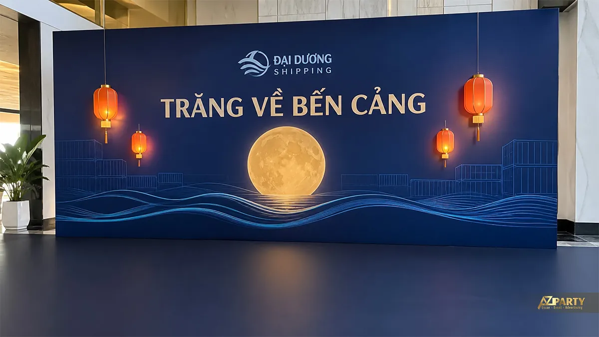 Backdrop Trung Thu chủ đề cảng biển với vầng trăng, sóng nước và tàu hàng màu xanh