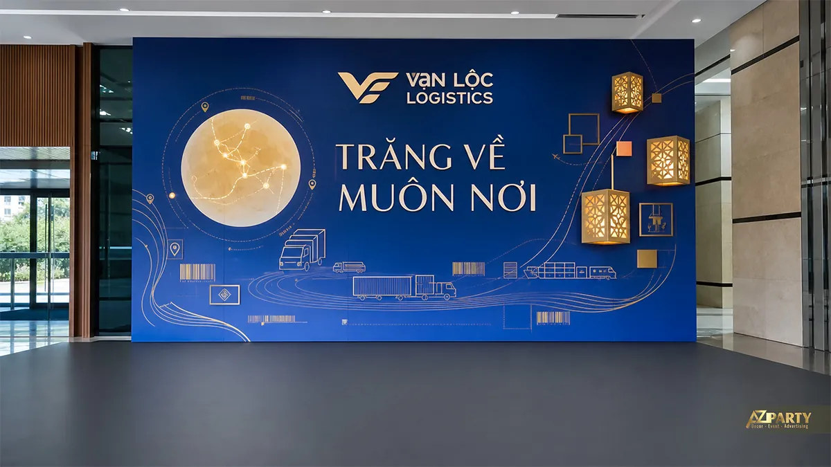 Backdrop Trung Thu logistics màu xanh với xe tải, tuyến đường và vầng trăng