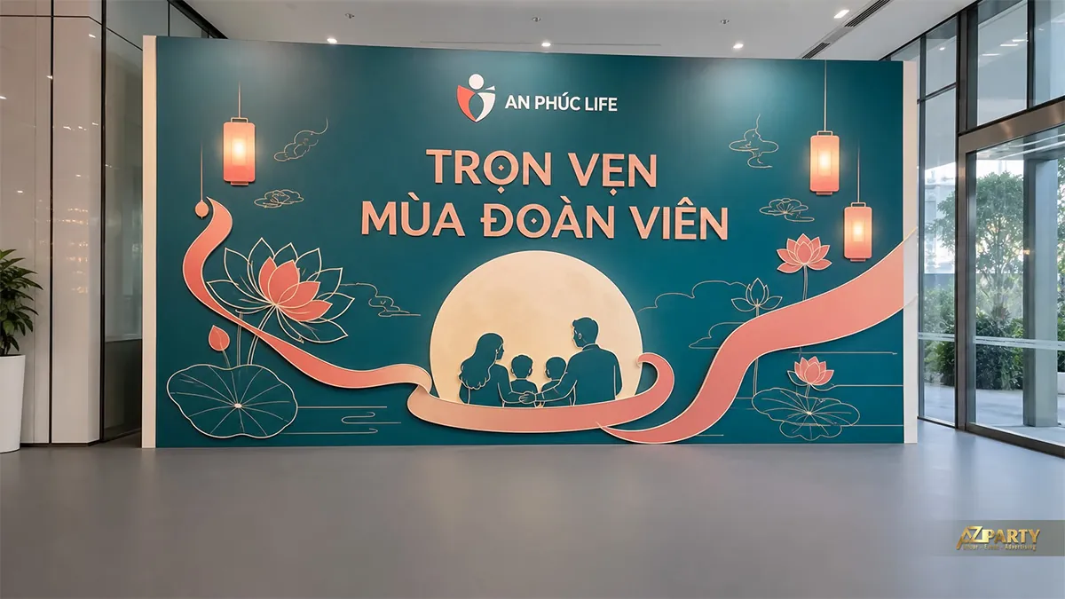 Backdrop Trung Thu gia đình màu xanh ngọc và san hô với hoa sen, vầng trăng