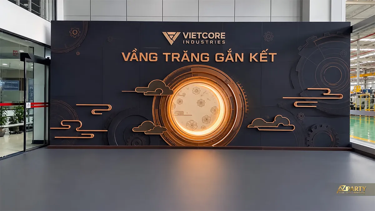 Backdrop Trung Thu công nghiệp màu đen đồng với bánh răng và ánh trăng