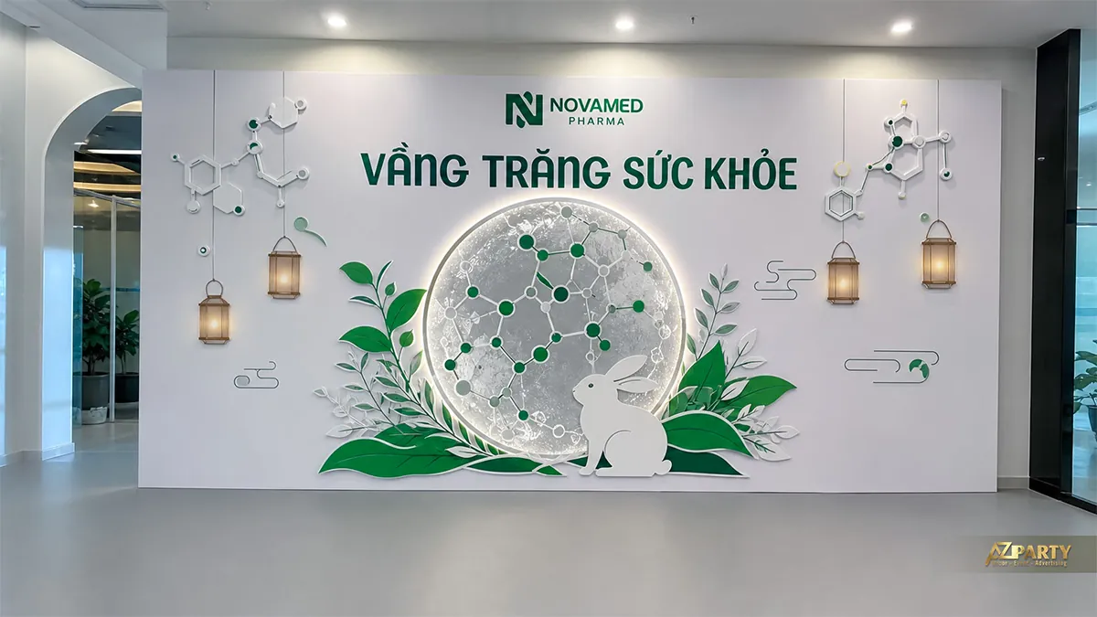 Backdrop Trung Thu ngành sức khỏe màu trắng xanh với thỏ ngọc và biểu tượng phân tử