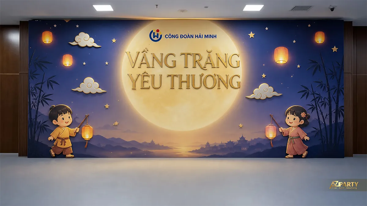 Backdrop Trung Thu thiếu nhi màu xanh với các bé cầm đèn lồng dưới trăng