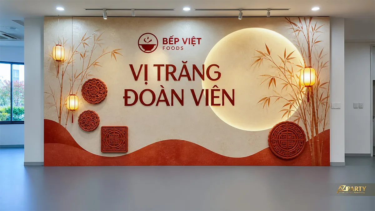Backdrop Trung Thu ẩm thực màu kem đỏ với bánh Trung Thu, tre và hoa văn truyền thống