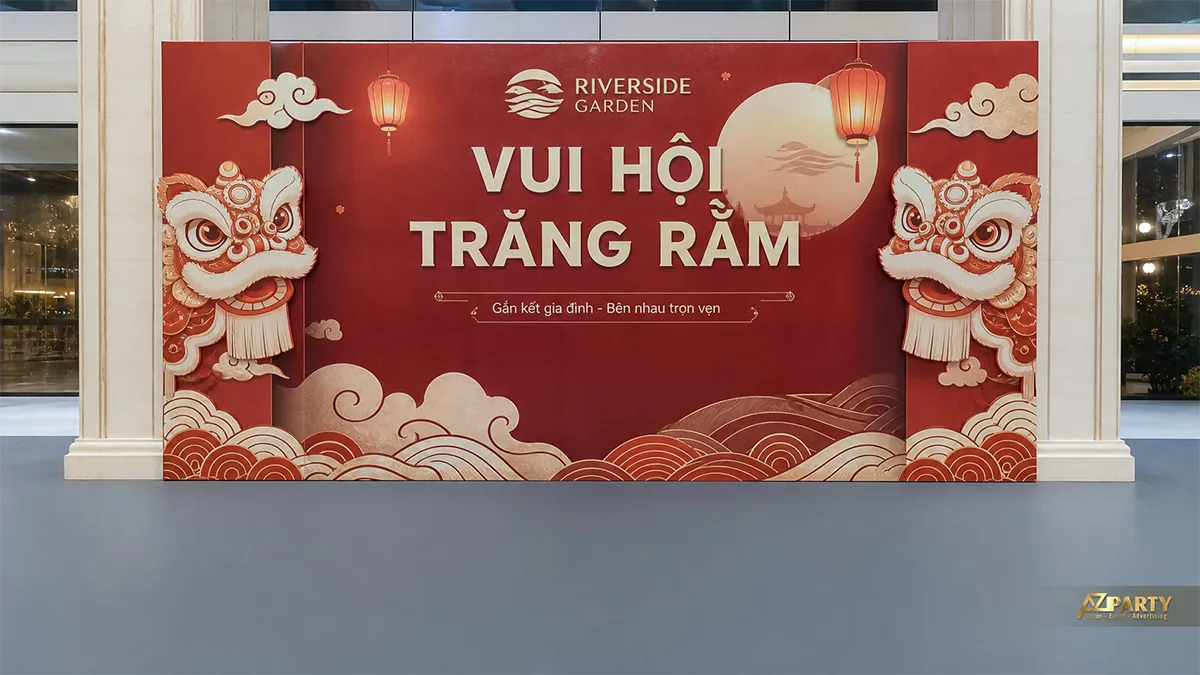 Backdrop vui hội trăng rằm màu đỏ với ba đầu lân nổi bật
