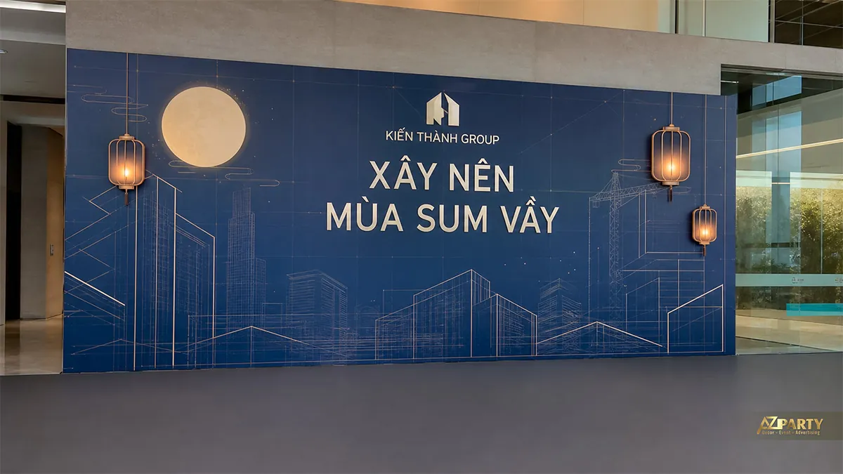 Backdrop Trung Thu ngành xây dựng với đường chân trời thành phố và ánh trăng vàng