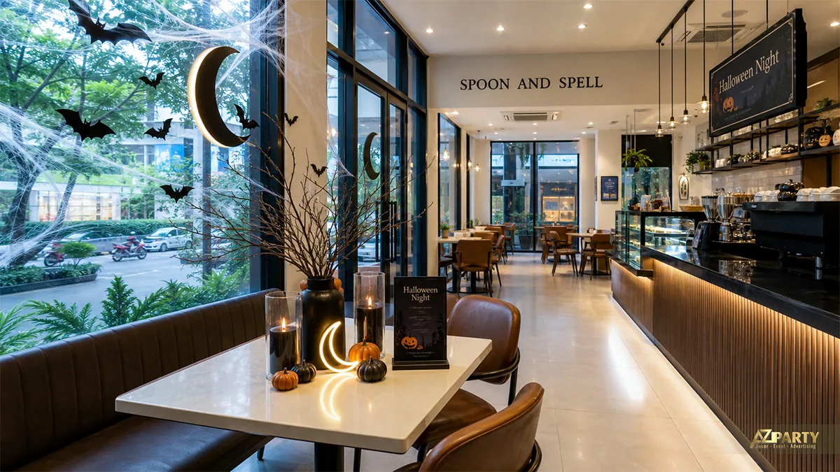 Bàn cà phê Spoon and Spell với nến, bí ngô nhỏ, trăng neon và mạng nhện