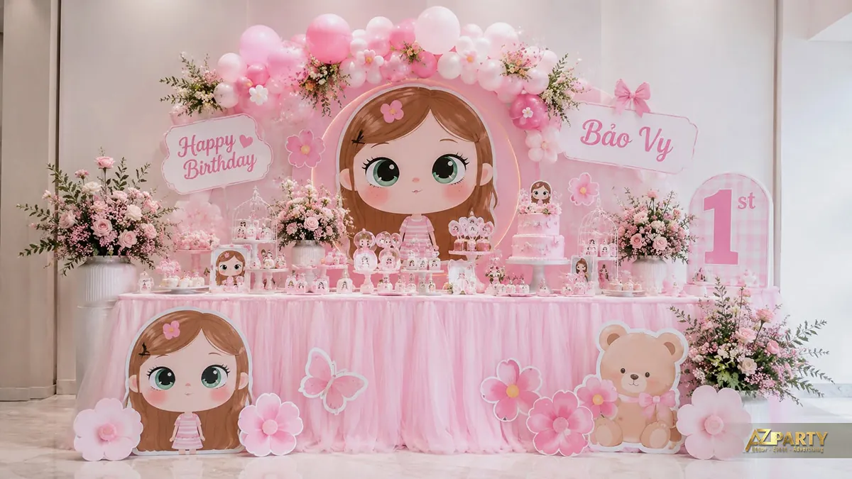 Bàn gallery sinh nhật màu hồng với nhân vật búp bê, hoa và bánh trang trí