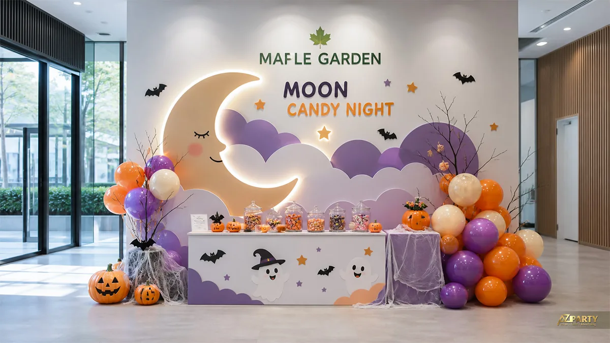 Bàn kẹo Halloween màu tím cam với trăng ngủ, bóng ma và các lọ kẹo