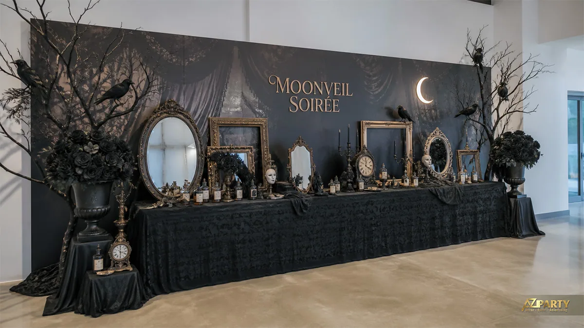 Bàn tiệc Moonveil Soiree phủ vải đen với gương cổ, chai phép, quạ và trăng khuyết