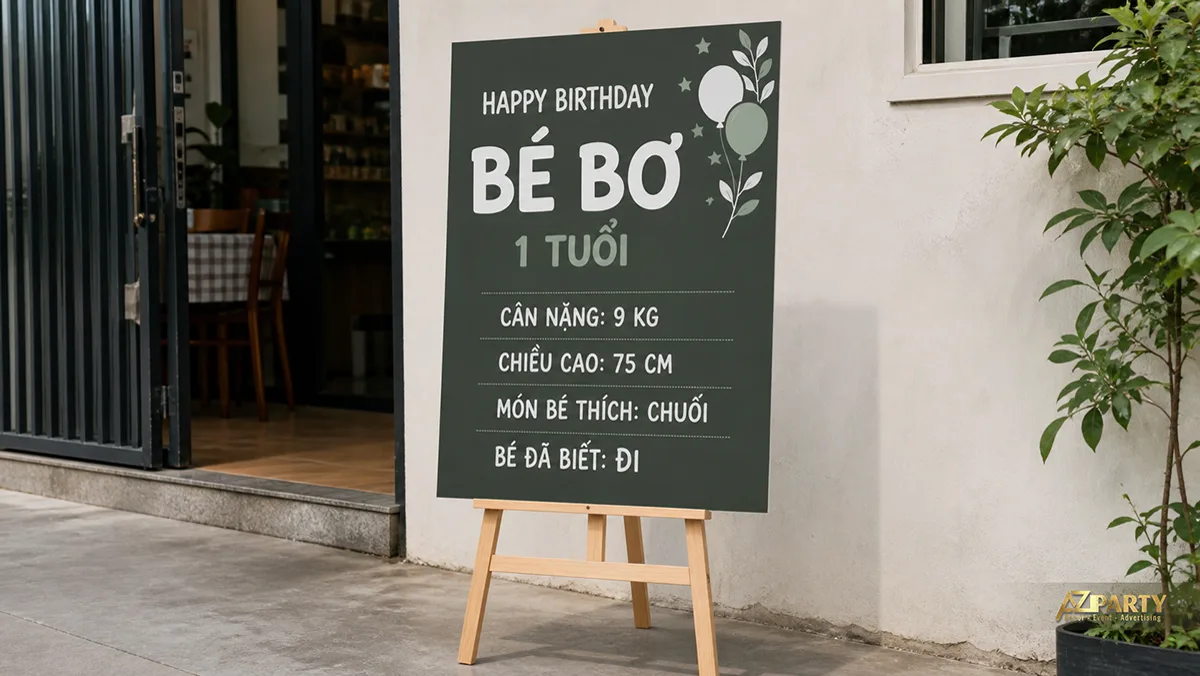 Bảng thông tin bé Bơ một tuổi nền xanh đậm, ghi cân nặng, chiều cao và món yêu thích