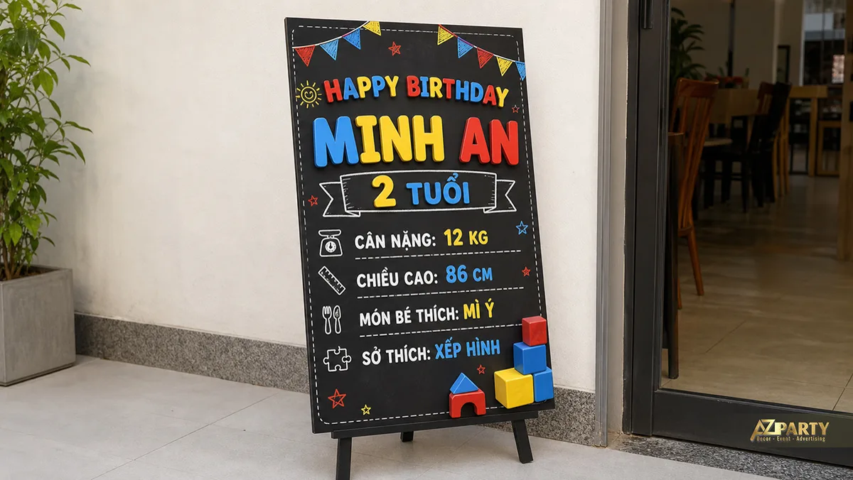 Bảng thông tin sinh nhật Minh An hai tuổi phong cách bảng phấn nhiều màu