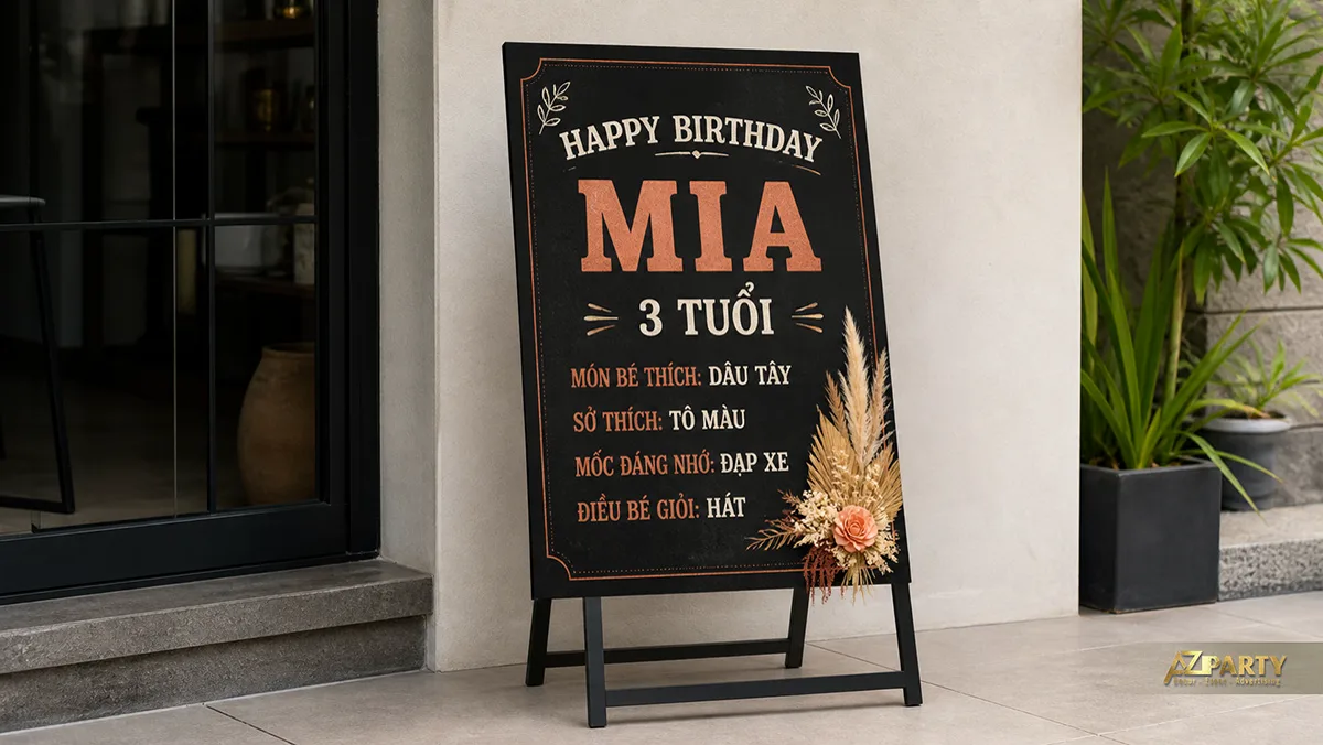 Bảng chalkboard sinh nhật Mia ba tuổi nền đen cam, ghi sở thích và ước mơ