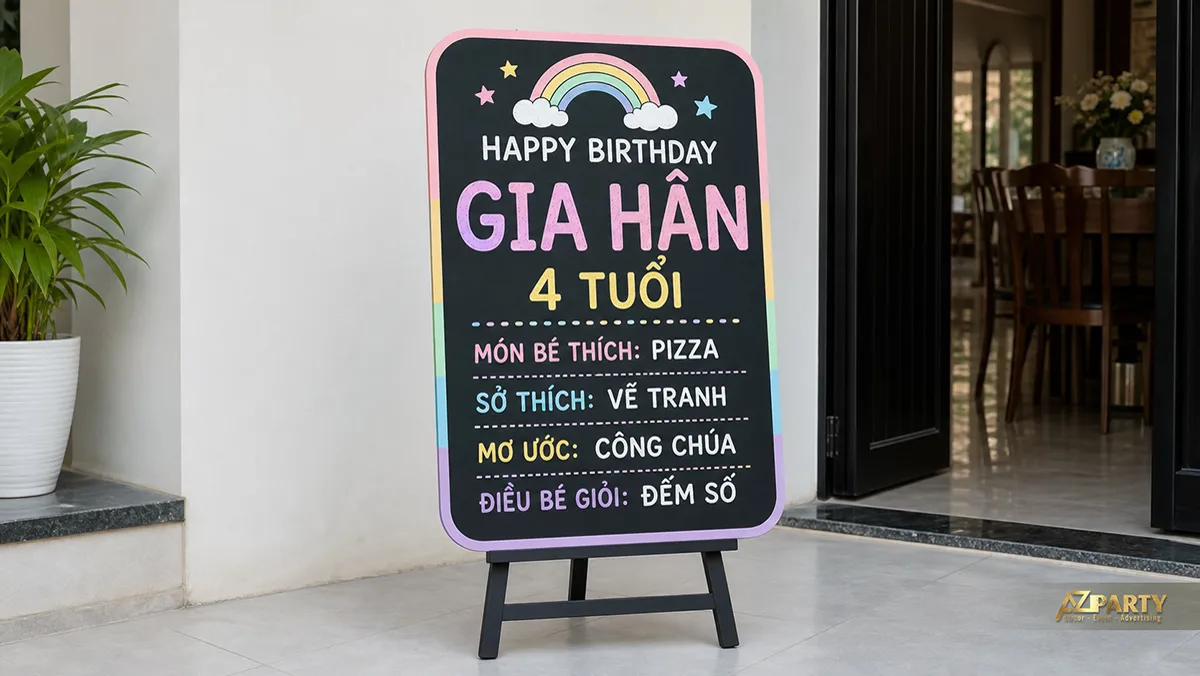 Bảng thông tin Gia Hân bốn tuổi chủ đề cầu vồng, chữ hồng tím trên nền đen