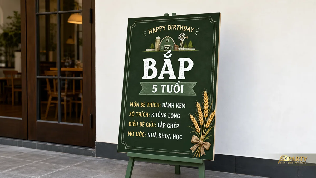 Bảng thông tin bé Bắp năm tuổi màu xanh lá, trang trí bông lúa và nơ