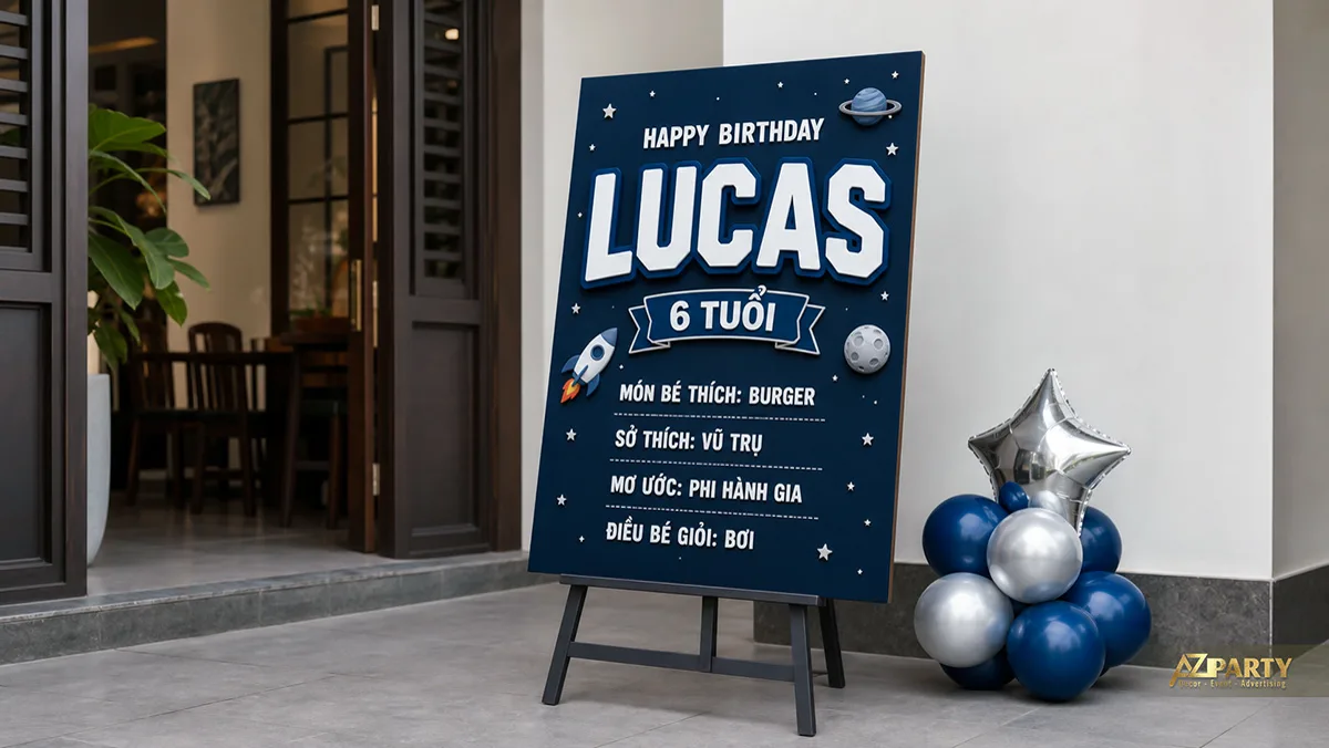 Bảng chalkboard Lucas sáu tuổi chủ đề vũ trụ màu xanh, kết hợp bóng bạc