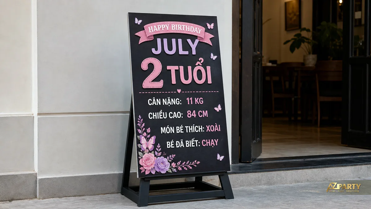 Bảng thông tin July hai tuổi màu hồng đen, trang trí hoa và bướm