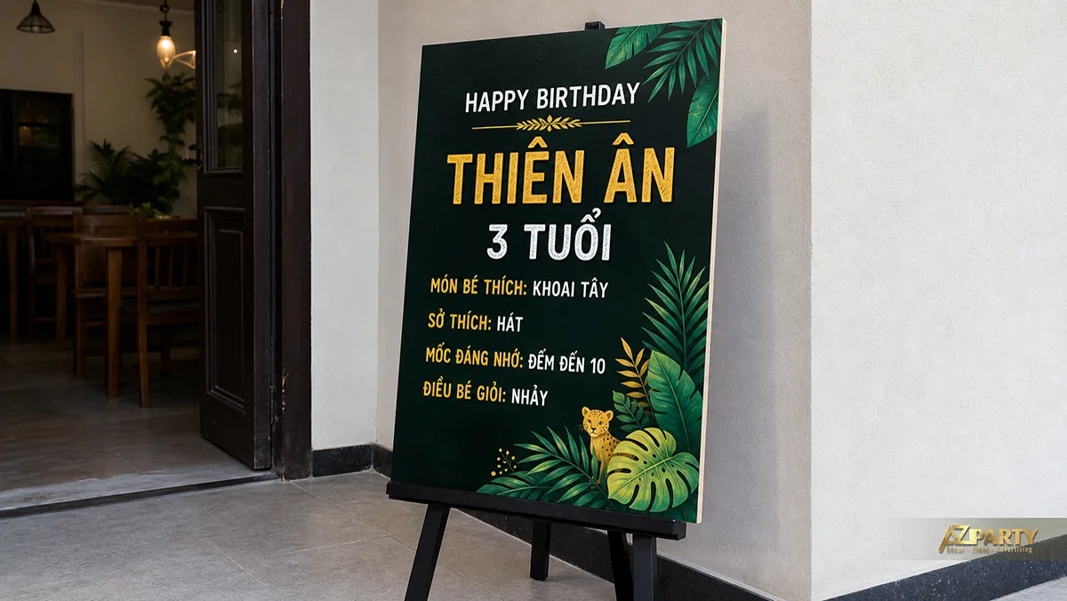 Bảng chalkboard Thiên An ba tuổi chủ đề rừng xanh với lá và chú hổ