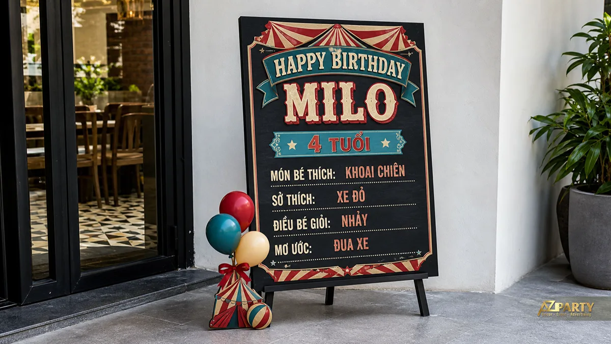 Bảng thông tin Milo bốn tuổi chủ đề gánh xiếc, ghi sở thích và ước mơ