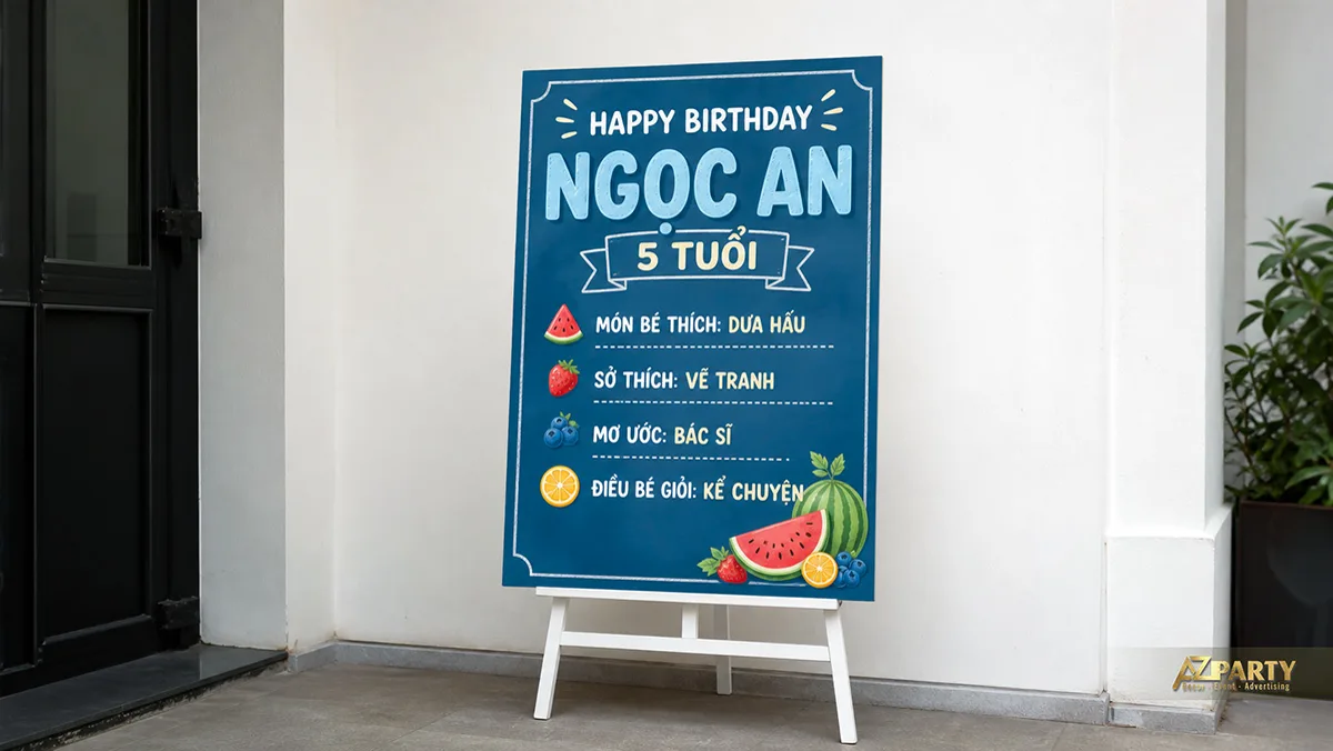 Bảng thông tin Ngọc An năm tuổi màu xanh, trang trí dưa hấu và trái cây