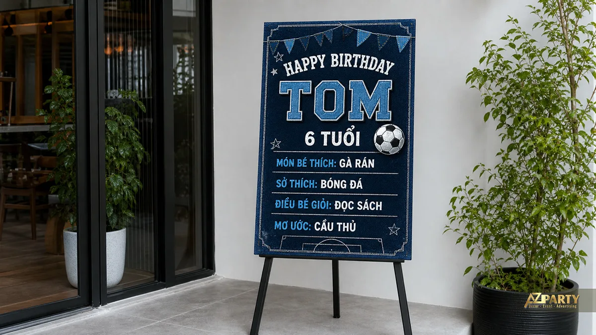 Bảng chalkboard bé Tôm sáu tuổi chủ đề bóng đá màu xanh đậm