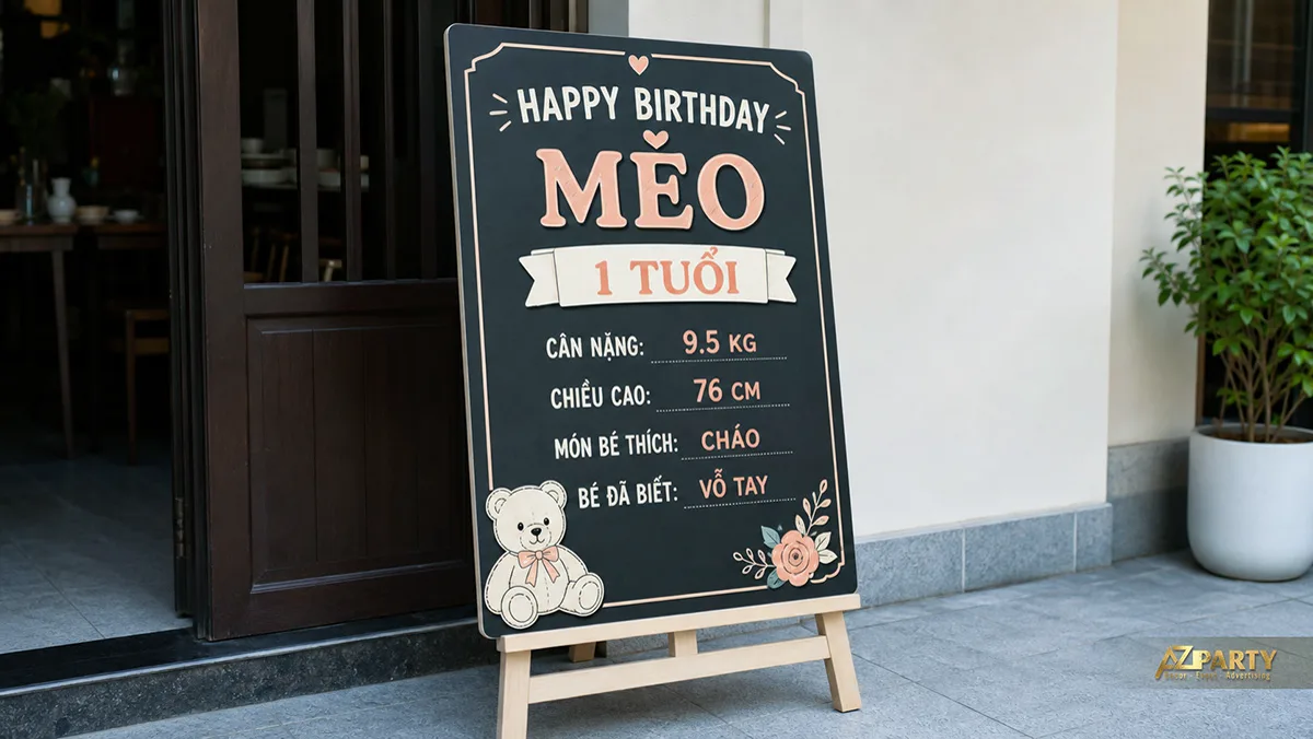 Bảng thông tin bé Mèo một tuổi nền đen kem, trang trí gấu bông và hoa
