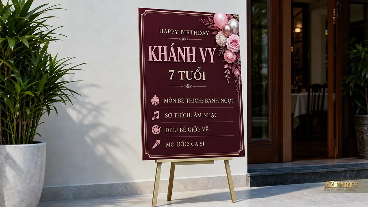 Bảng thông tin Khánh Vy bảy tuổi màu đỏ rượu, trang trí hoa hồng