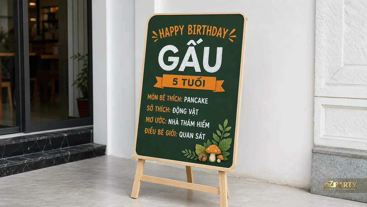 Bảng chalkboard bé Gấu năm tuổi màu xanh lá, trang trí lá và nấm