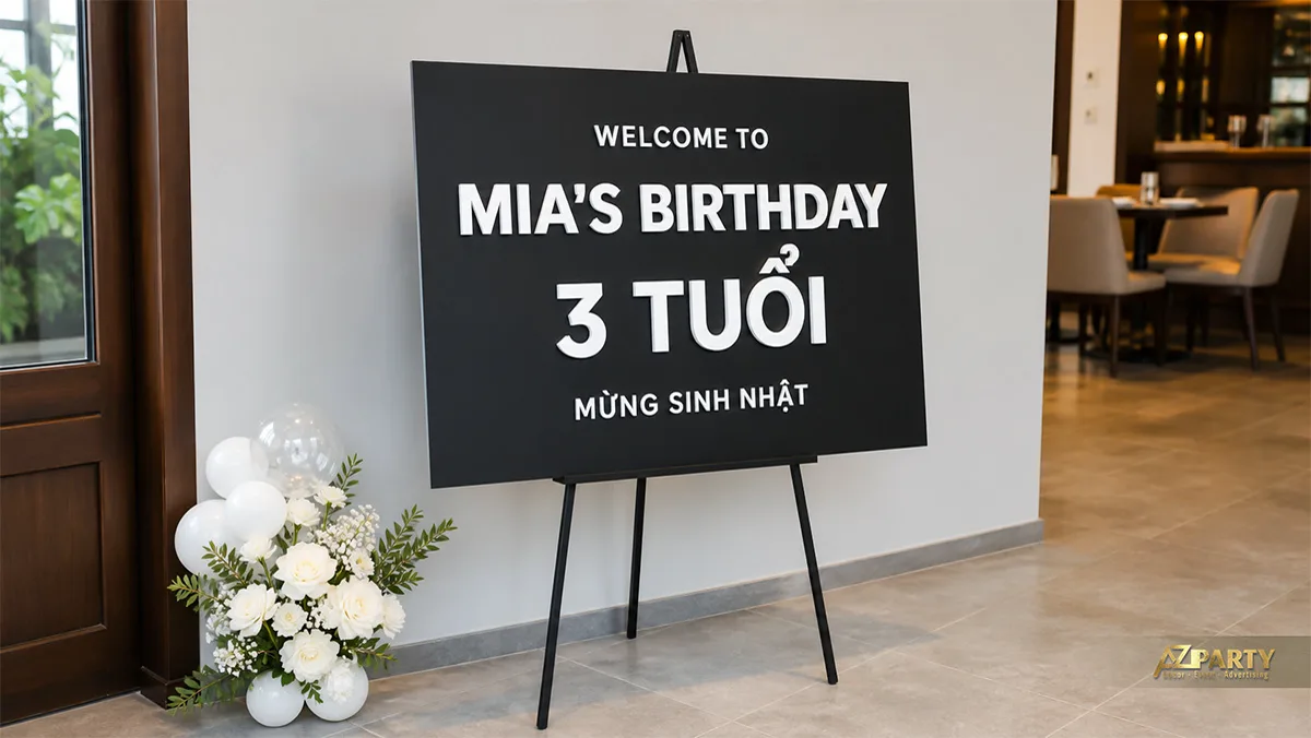 Bảng chào sinh nhật Mia ba tuổi nền đen chữ trắng bên cụm hoa trắng