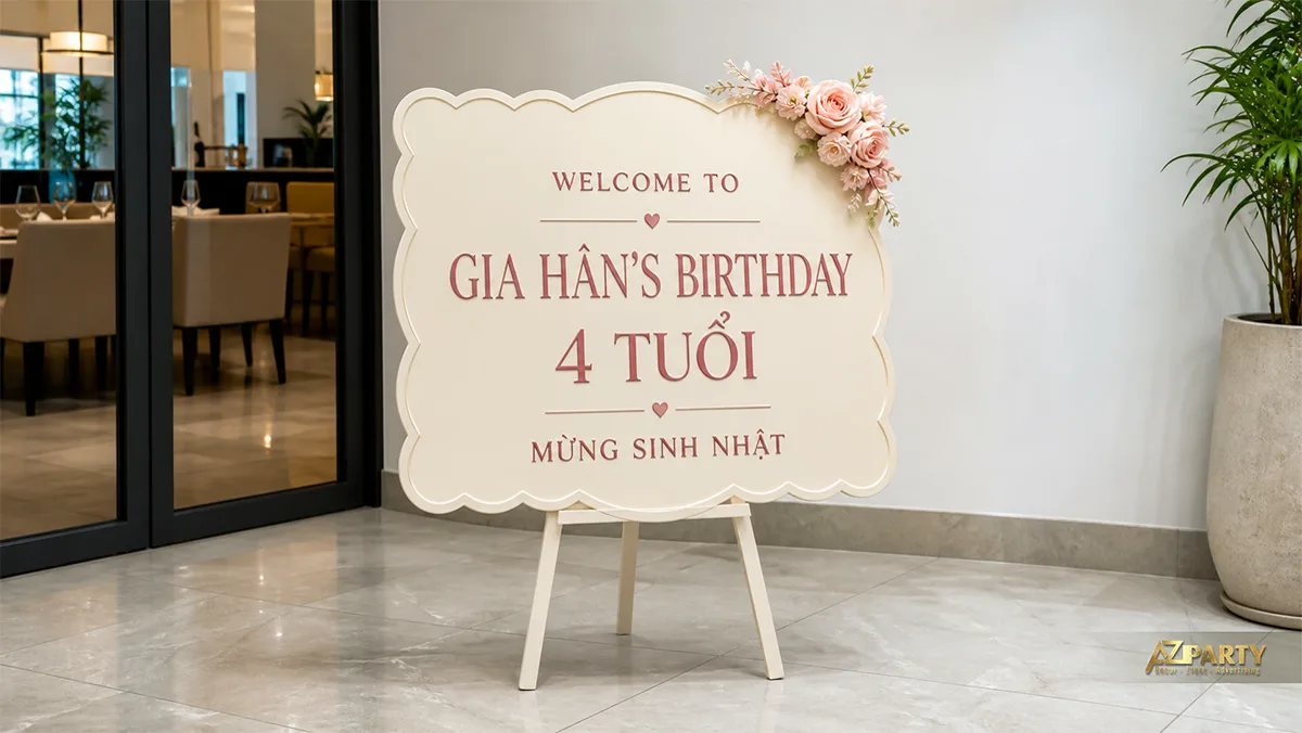 Bảng welcome sinh nhật Gia Hân bốn tuổi màu kem viền uốn lượn và hoa hồng