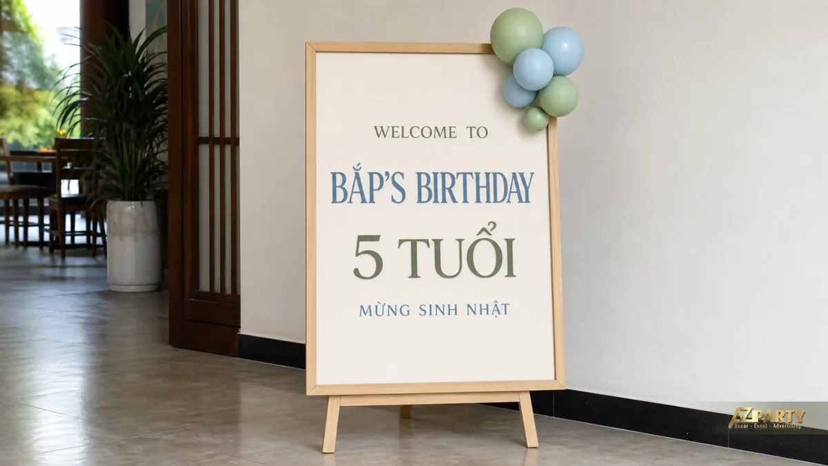 Bảng chào sinh nhật bé Bắp năm tuổi khung gỗ, trang trí bóng xanh pastel