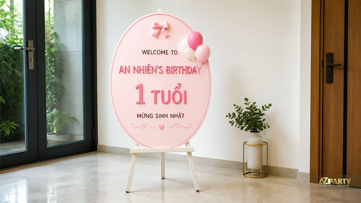Bảng chào sinh nhật An Nhiên một tuổi dáng oval hồng, trang trí nơ và bóng