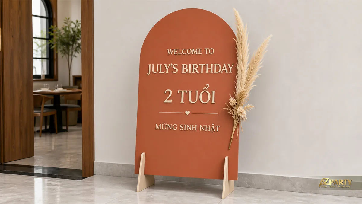 Bảng welcome sinh nhật July hai tuổi dáng vòm màu cam đất, điểm cỏ lau