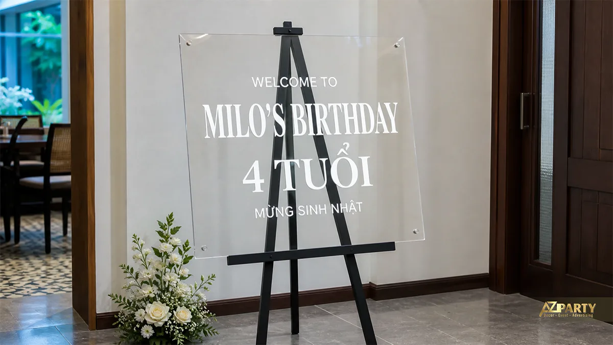Bảng chào sinh nhật Milo bốn tuổi bằng mica trong trên giá đỡ màu đen