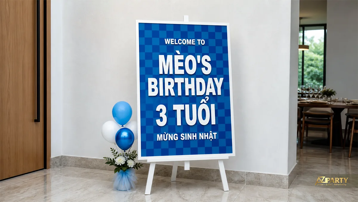 Bảng welcome sinh nhật bé Mèo ba tuổi nền xanh pixel, kết hợp bóng bay xanh