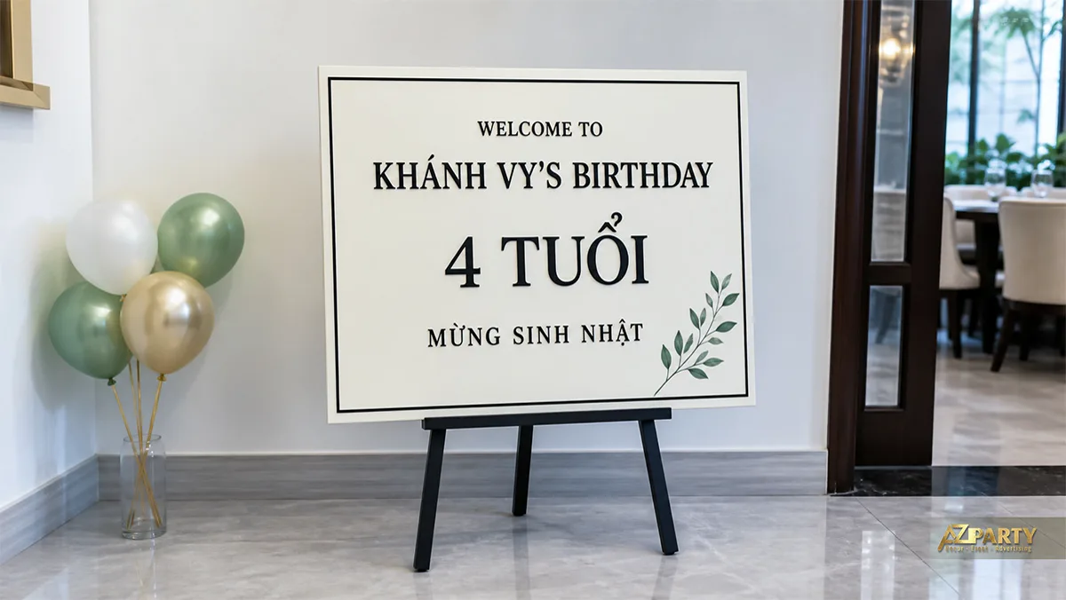 Bảng chào sinh nhật Khánh Vy bốn tuổi phong cách tối giản, bóng xanh và champagne