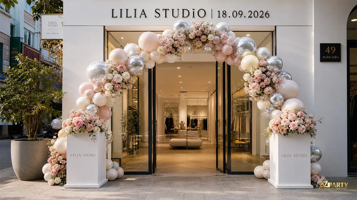 Cổng bóng khai trương Lilia Studio màu hồng trắng