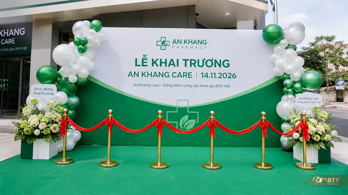 Backdrop An Khang Care xanh trắng kết hợp bóng và hoa