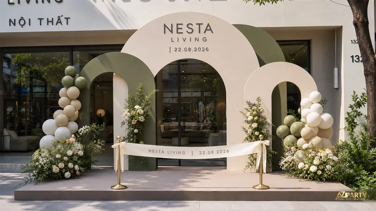 Mặt tiền Nesta Living trang trí bóng màu kem và xanh rêu