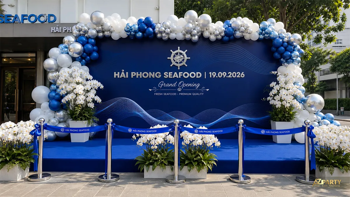 Bóng bay xanh trắng trang trí sân khấu Hải Phòng Seafood