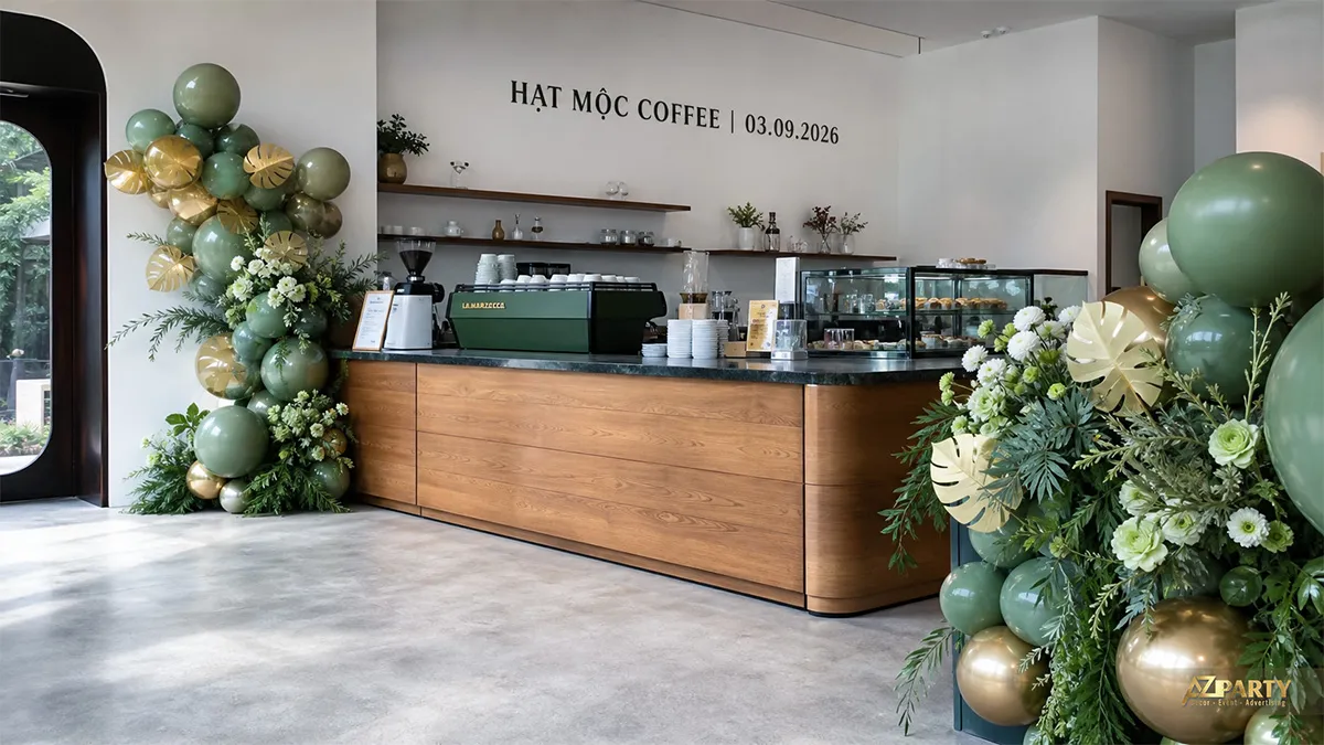 Quầy lễ tân Hạt Mộc Coffee trang trí bóng xanh và vàng đồng
