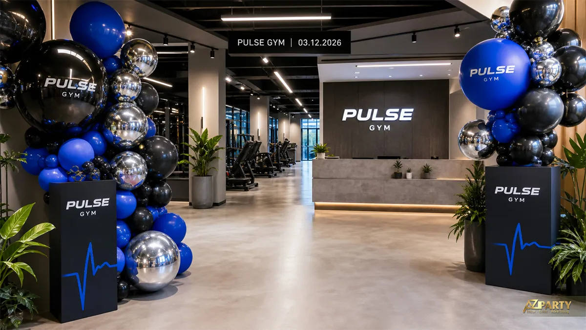 Khu đón khách Pulse Gym với trụ bóng xanh đen hai bên