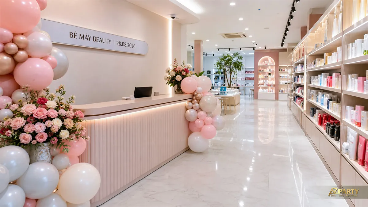Quầy lễ tân Bé Mây Beauty trang trí bóng hồng, trắng và hoa pastel ngày khai trương