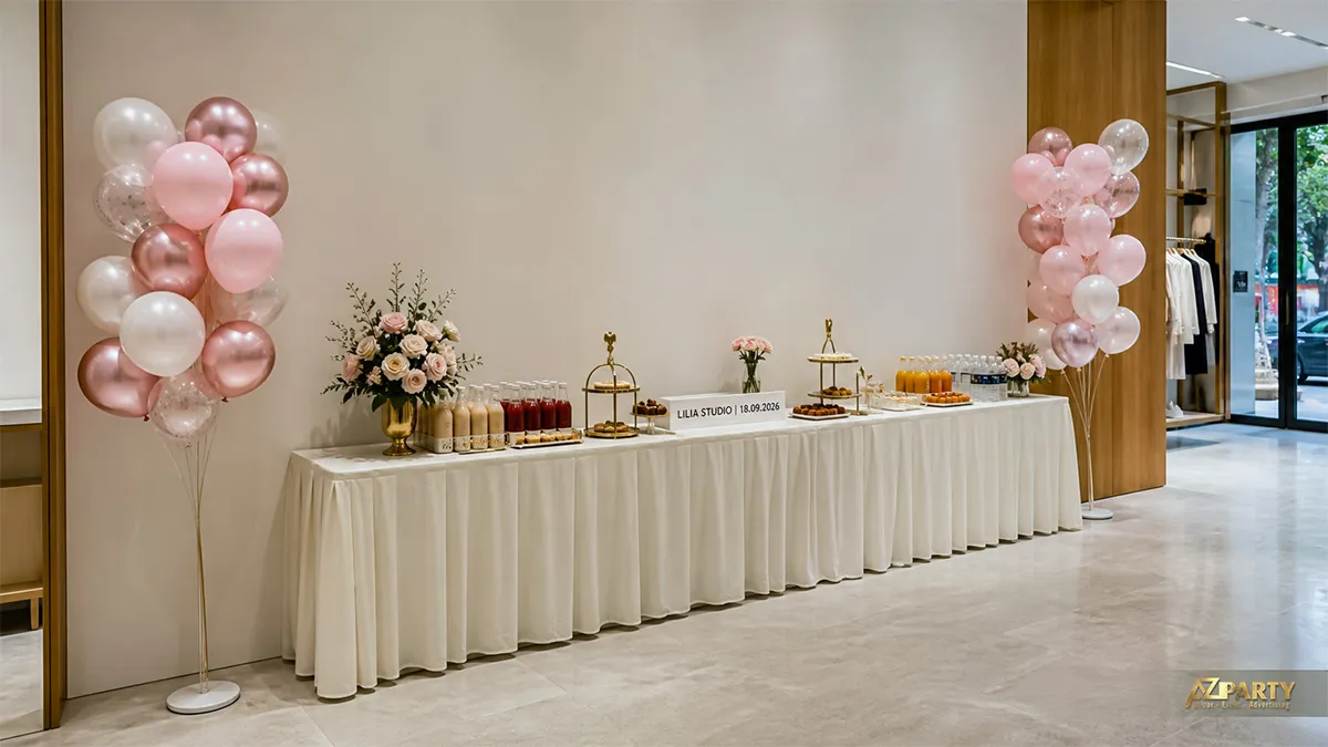 Bàn tiệc khai trương Lilia Studio với hai cụm bóng hồng ánh kim và hoa hồng