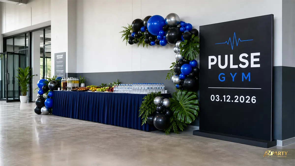 Khu tiệc Pulse Gym với cổng bóng đen xanh bạc và bảng tên màu đen