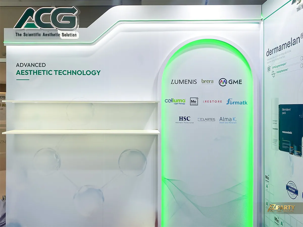 Cận cảnh vòm sáng xanh và khu vực nhận diện các giải pháp thẩm mỹ tại booth ACG