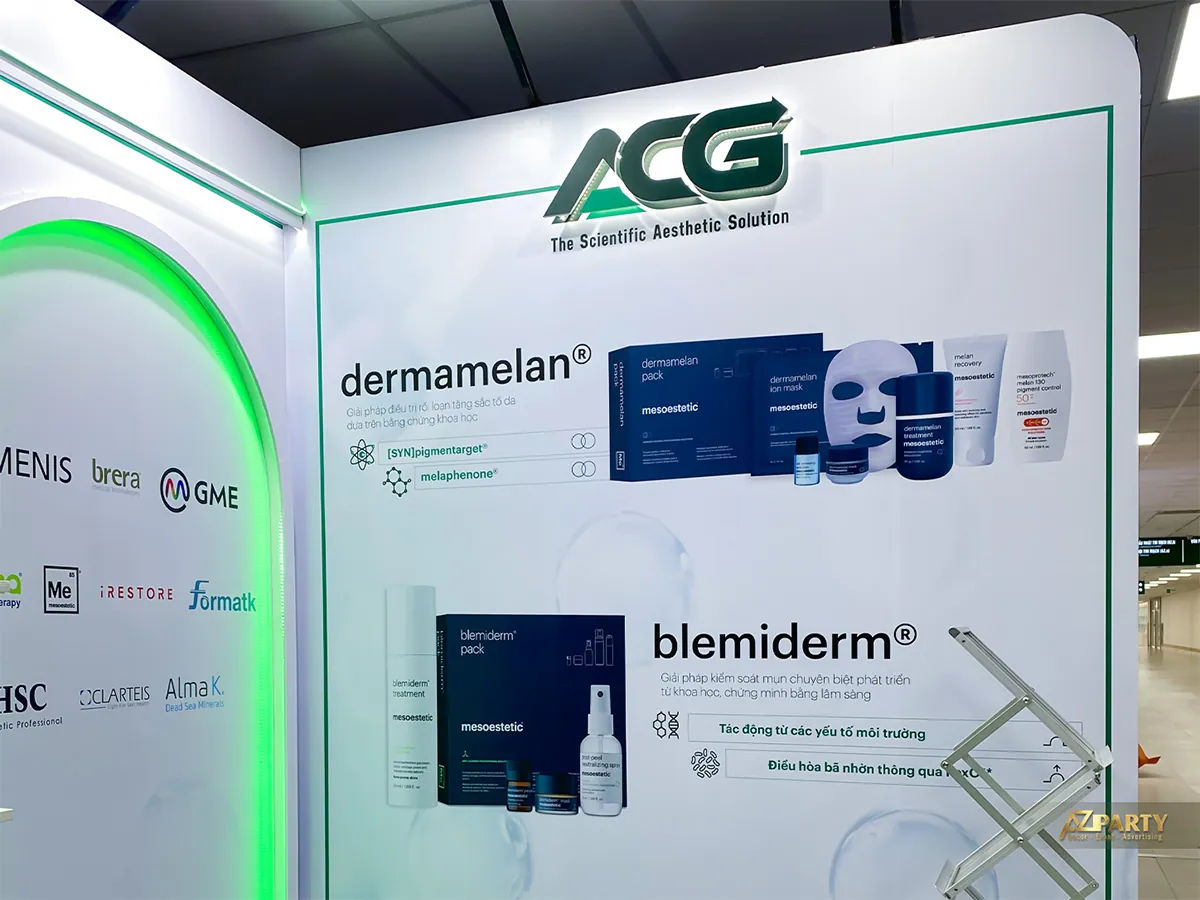 Vách giới thiệu Dermamelan và Blemiderm bên trong booth ACG