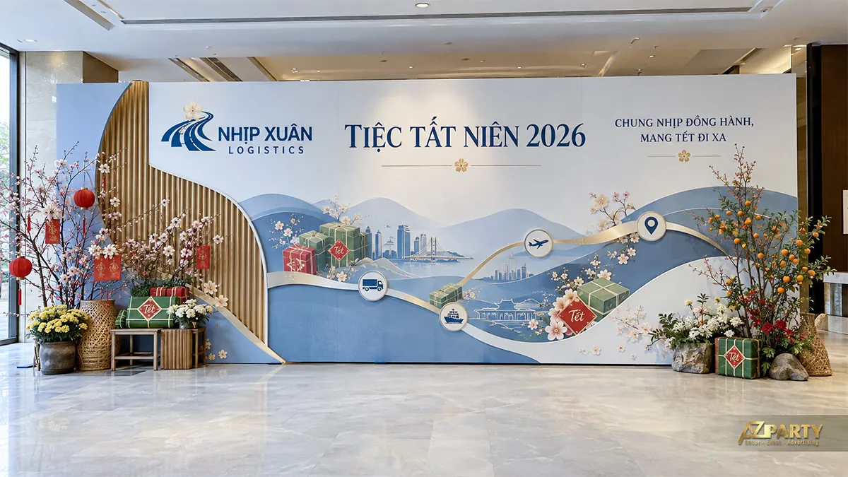 Backdrop xanh trắng có đường đi, xe tải và hoa xuân hai bên