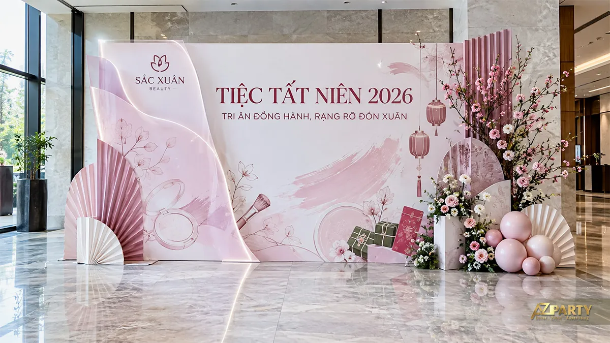 Vách hồng phấn với quạt giấy, đèn lồng và hoa bên phải